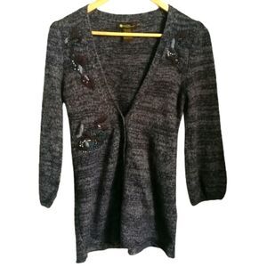 DEX Grey & Floral Embroidery Mohair V Neck Knitted Cardigan Size Small